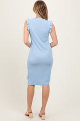 Light Blue Ruffle Sleeve Textured Midi Dress