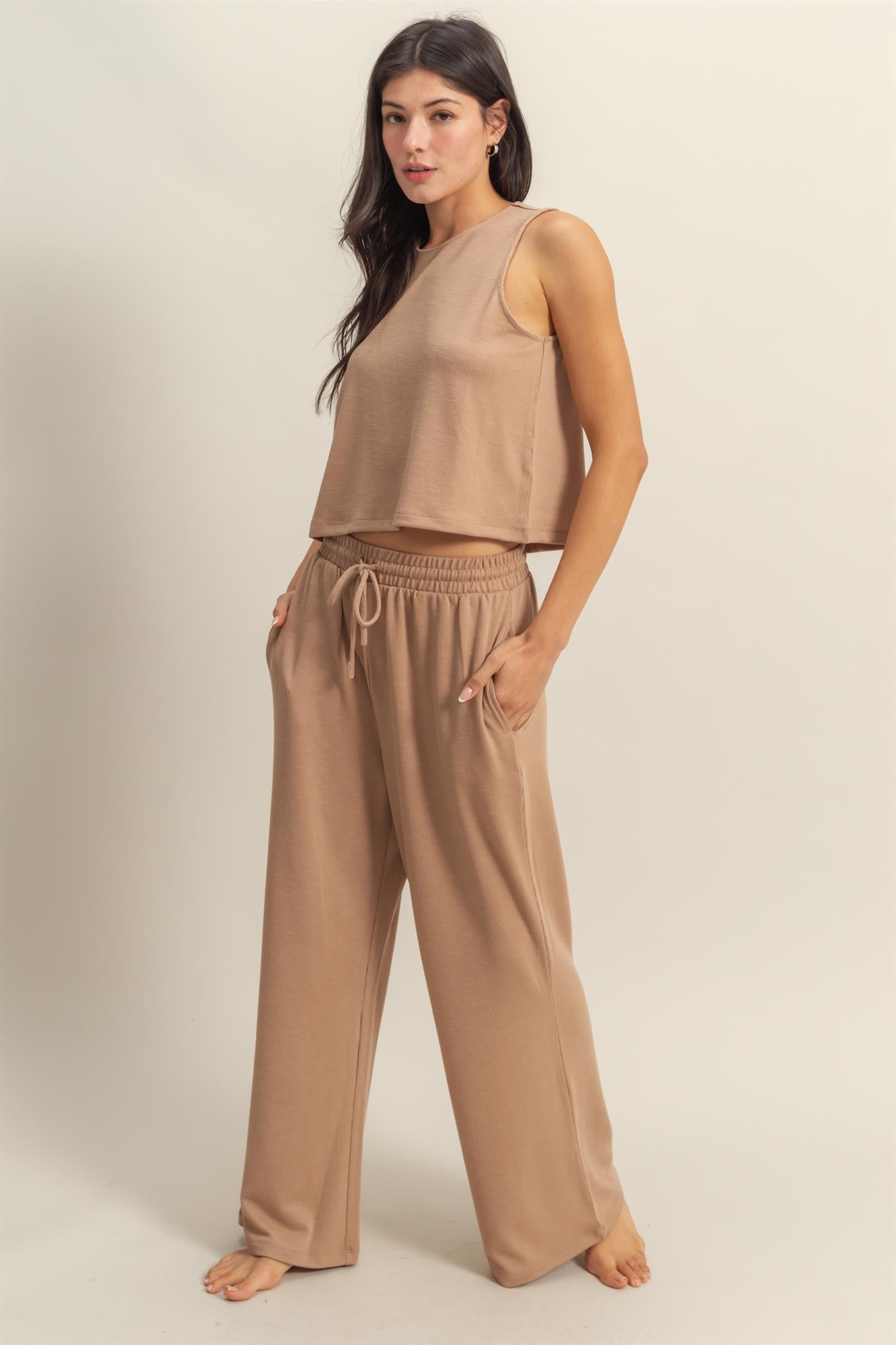 Taupe Sleeveless Top And Wide Leg Pants Maternity Set
