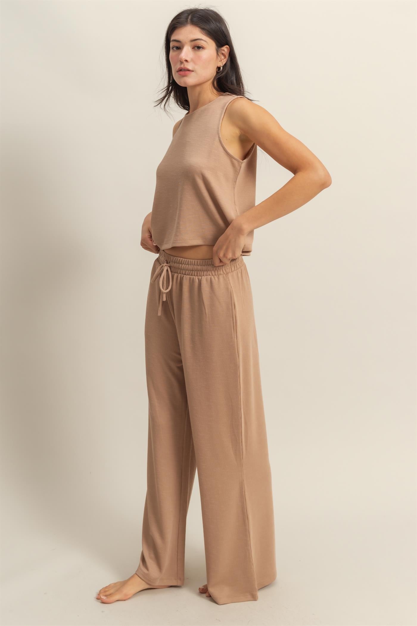 Taupe Sleeveless Top And Wide Leg Pants Maternity Set