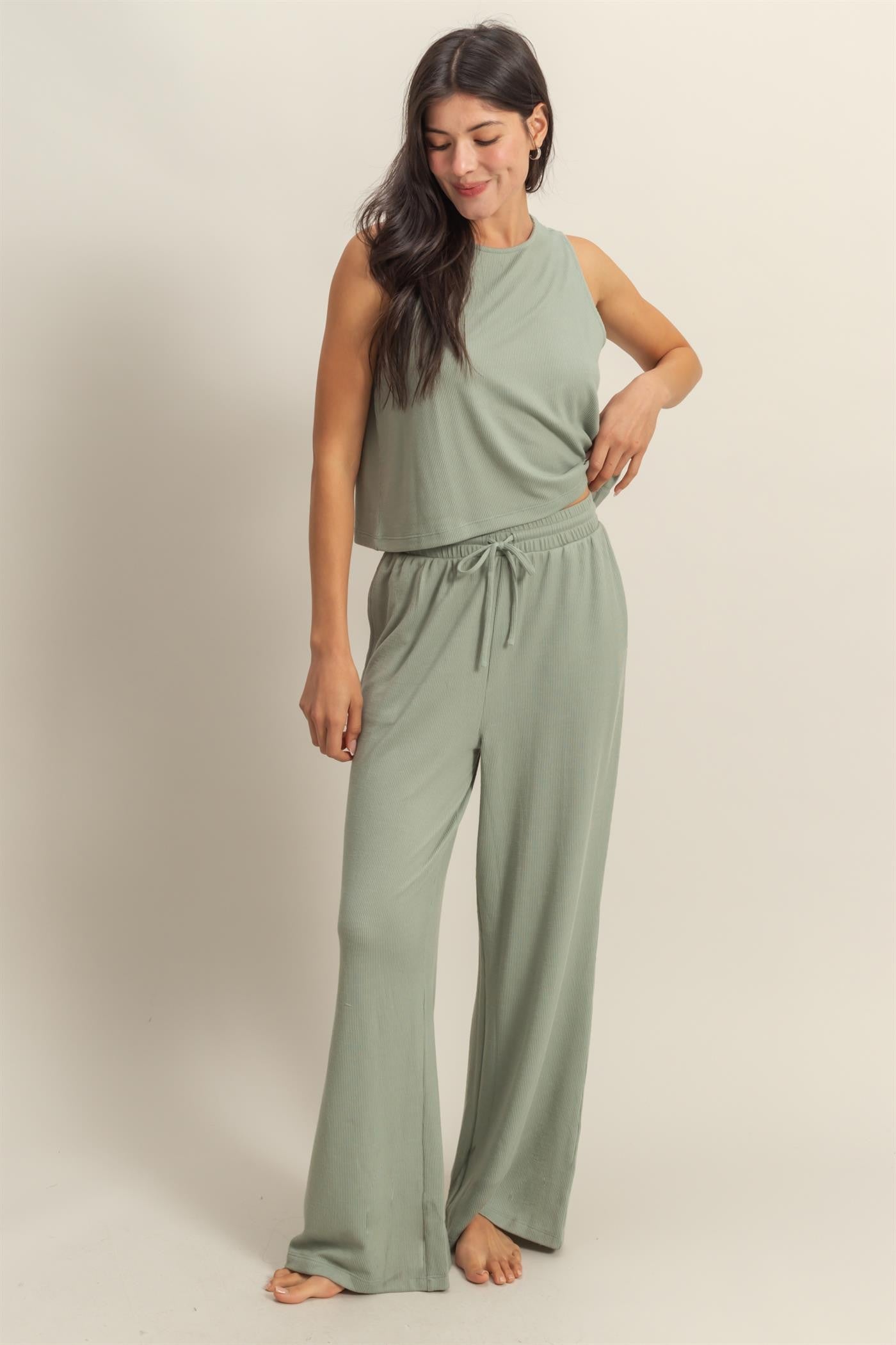Sage Sleeveless Top And Wide Leg Pants Maternity Set