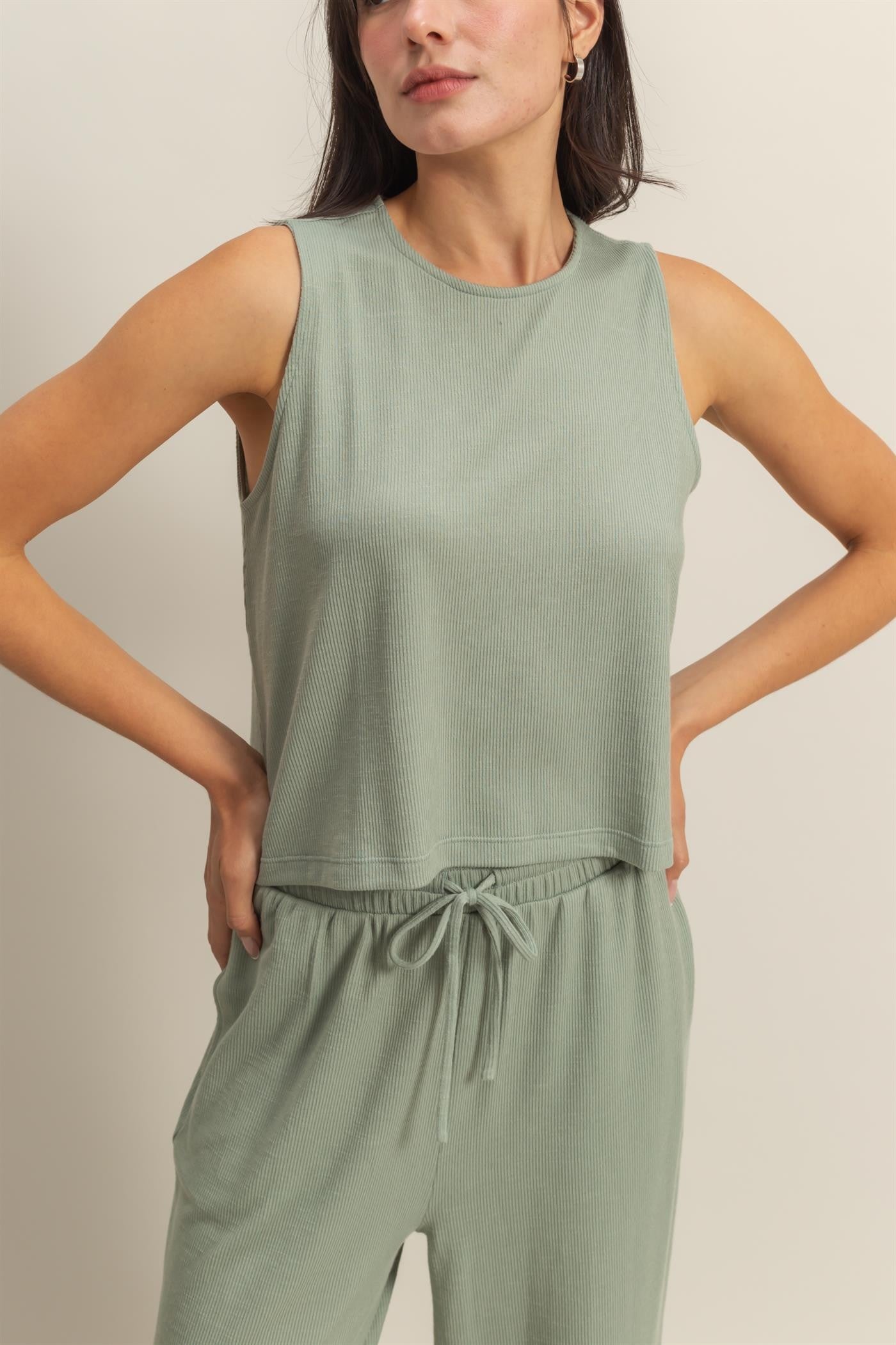 Sage Sleeveless Top And Wide Leg Pants Maternity Set