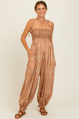 Camel Printed Smocked Shoulder Tie Jumpsuit