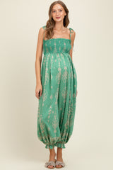 Green Printed Smocked Shoulder Tie Maternity Jumpsuit