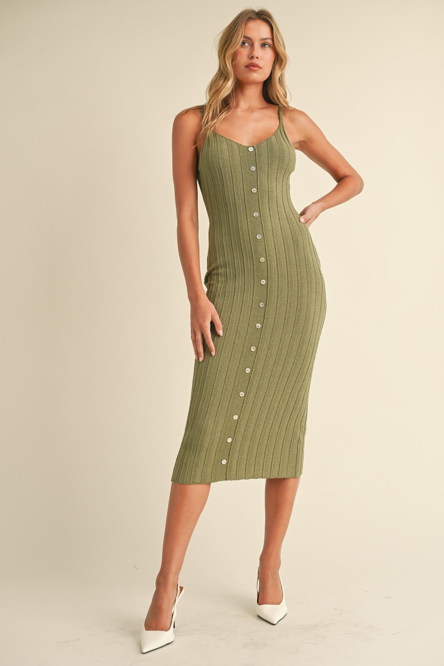 Olive Sleeveless Button Accent Knit Maternity Midi Dress