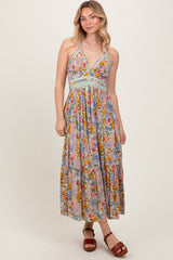 Muticolor Floral Double Strap Lace Trim Midi Dress