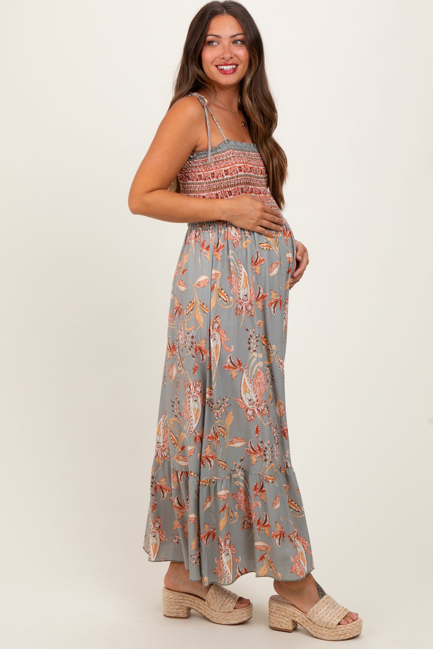 Olive Paisley Shoulder Tie Smocked Maternity Maxi Dress