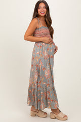 Olive Paisley Shoulder Tie Smocked Maternity Maxi Dress