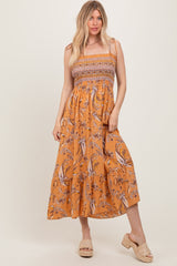 Peach Paisley Shoulder Tie Smocked Maxi Dress