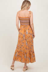 Peach Paisley Shoulder Tie Smocked Maxi Dress