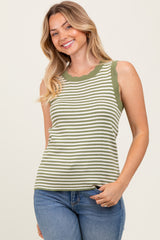Olive Striped Knit Scallop Trim Sleeveless Top