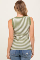 Olive Striped Knit Scallop Trim Sleeveless Top