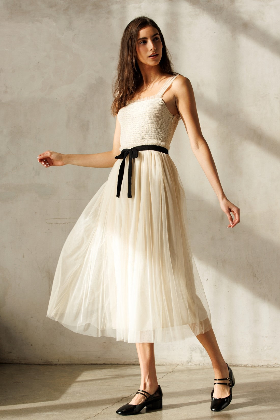 Cream Smocked Contrast Sash Ruffle Tulle Midi Dress