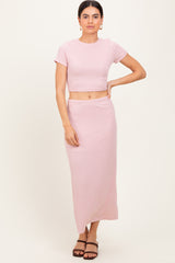 Light Pink Ribbed Knit Crop Tee Maxi Skirt Set