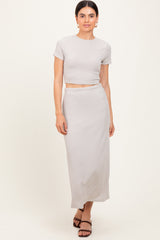 Light Taupe Ribbed Knit Crop Tee Maxi Skirt Maternity Set
