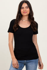 Black Ribbed Scoop Neck Short Sleeve Top
