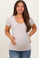 Light Taupe Ribbed Scoop Neck Short Sleeve Maternity Top