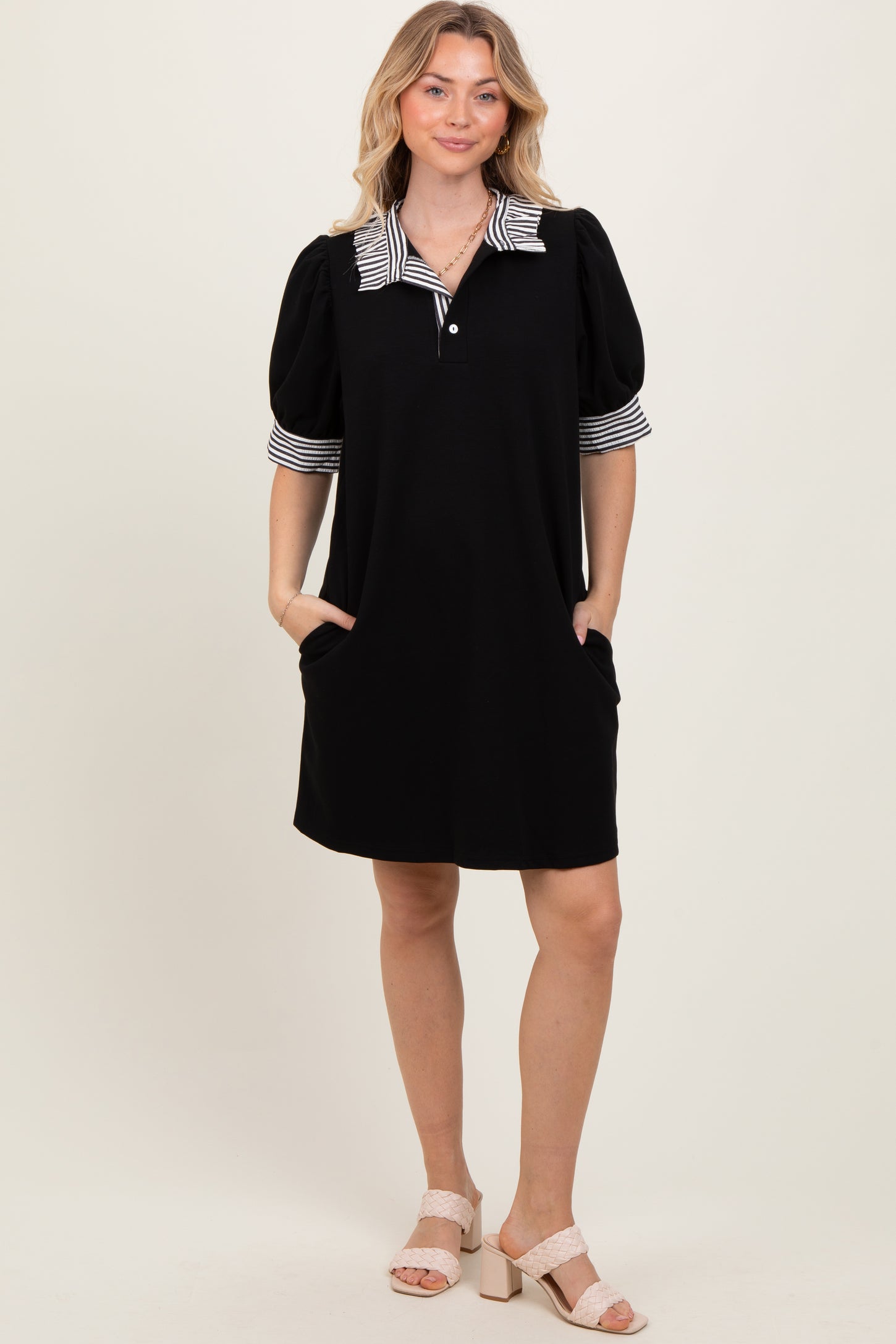 Black Mock Neck Contrast Striped Trim Mini Dress