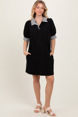 Black Mock Neck Contrast Striped Trim Mini Dress