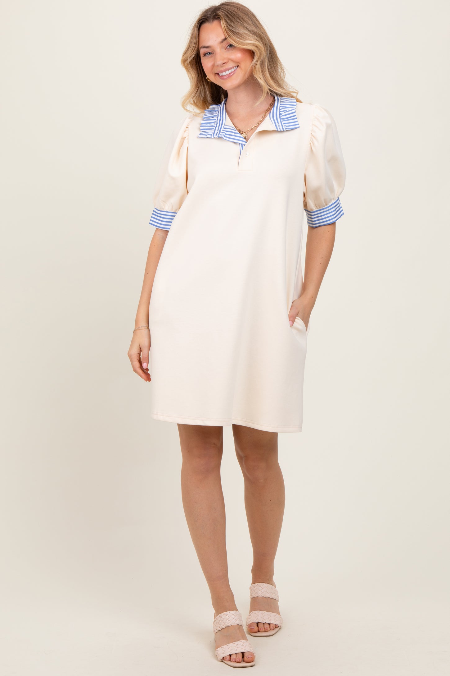 Cream Mock Neck Contrast Striped Trim Mini Dress