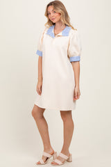 Cream Mock Neck Contrast Striped Trim Mini Dress