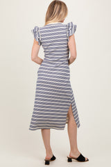 Navy Multi-Striped Button Up Ruffle Sleeve Midi Dress