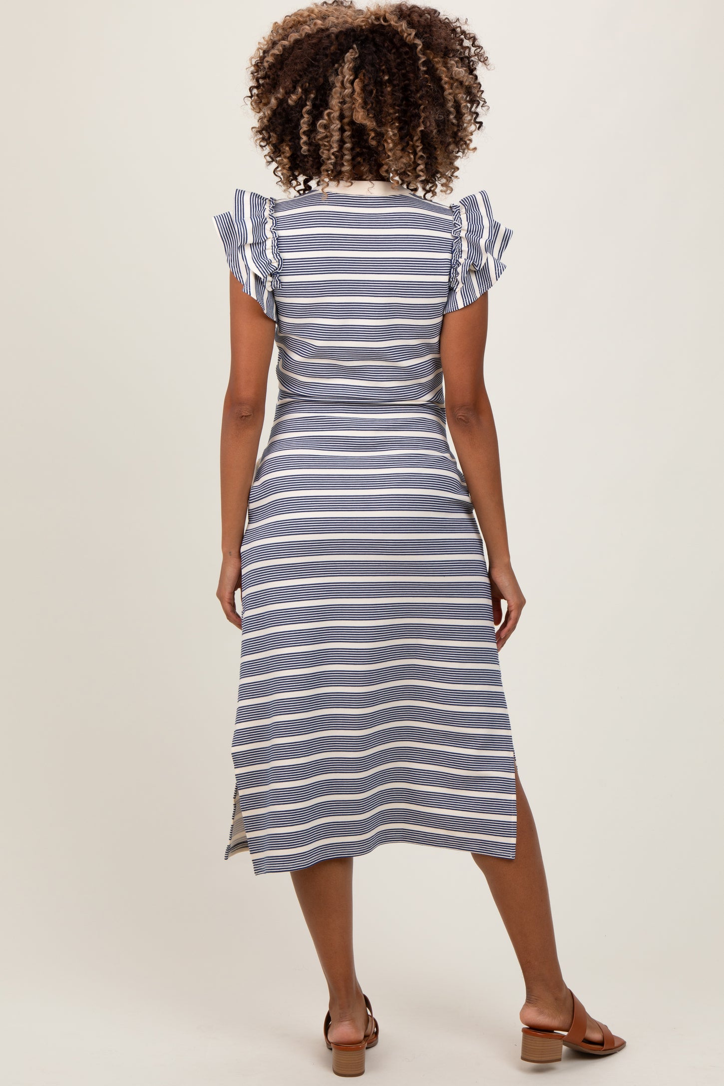 Navy Multi-Striped Button Up Ruffle Sleeve Maternity Midi Dress