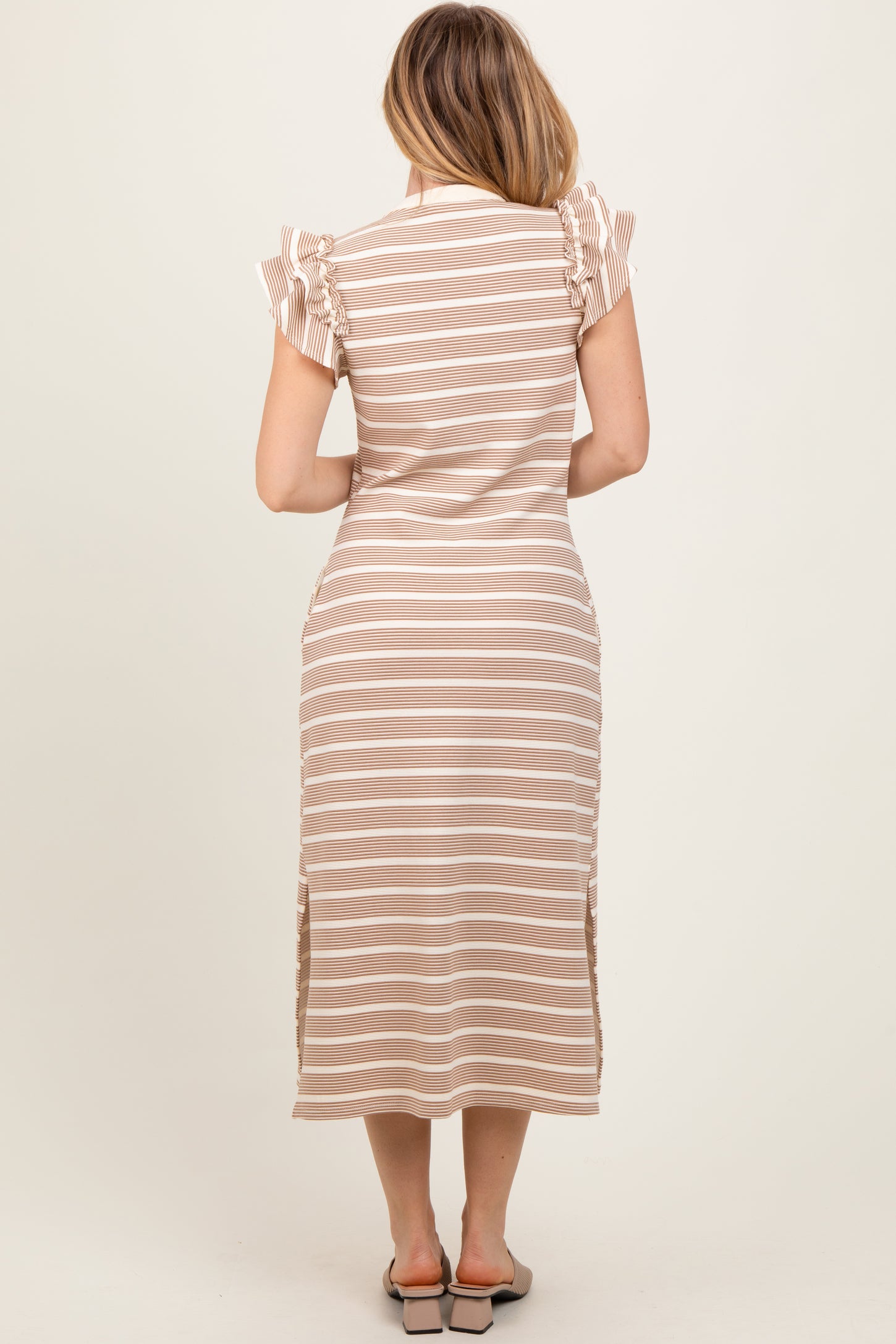 Camel Multi-Striped Button Up Ruffle Sleeve Midi Dress