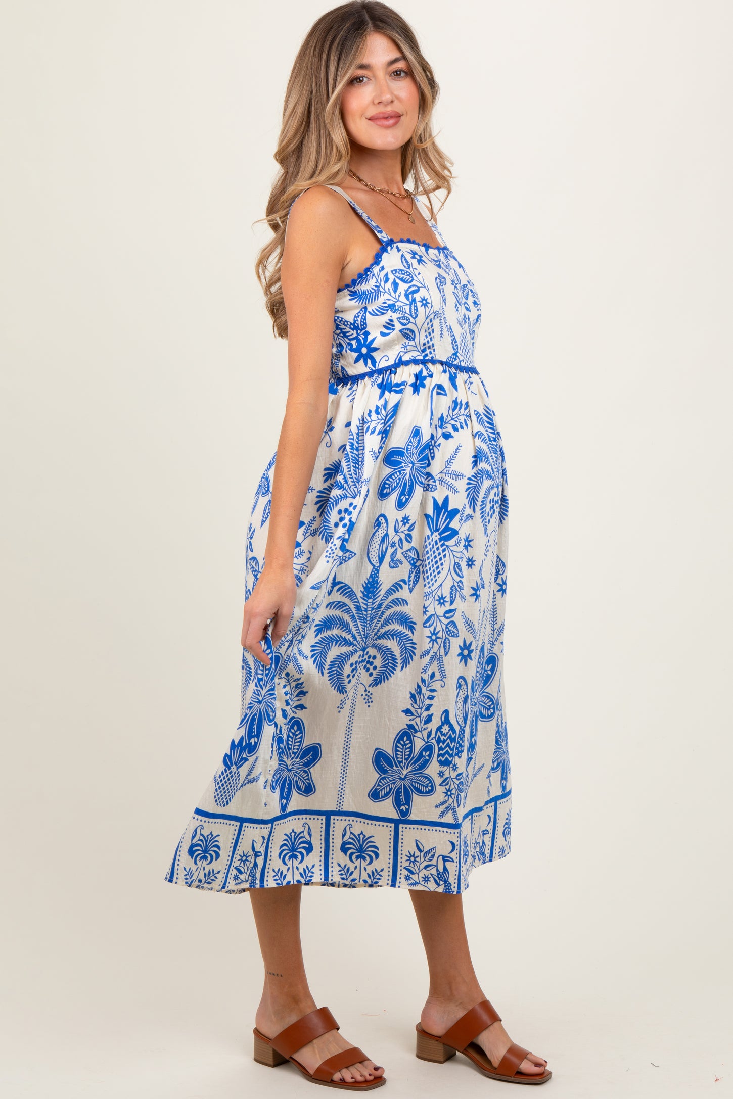 Royal Blue Floral Scallop Trim Maternity Midi Dress