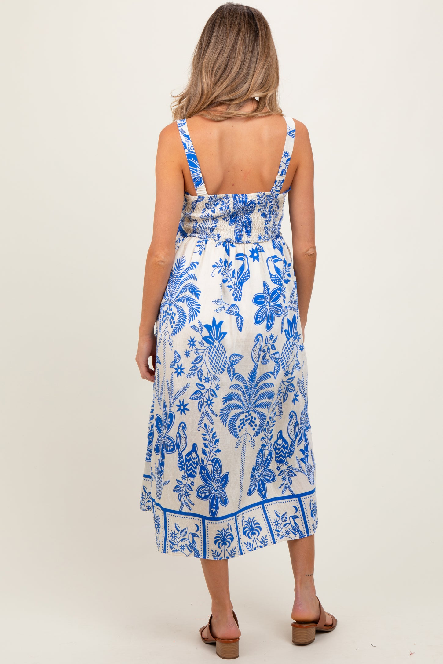 Royal Blue Floral Scallop Trim Maternity Midi Dress
