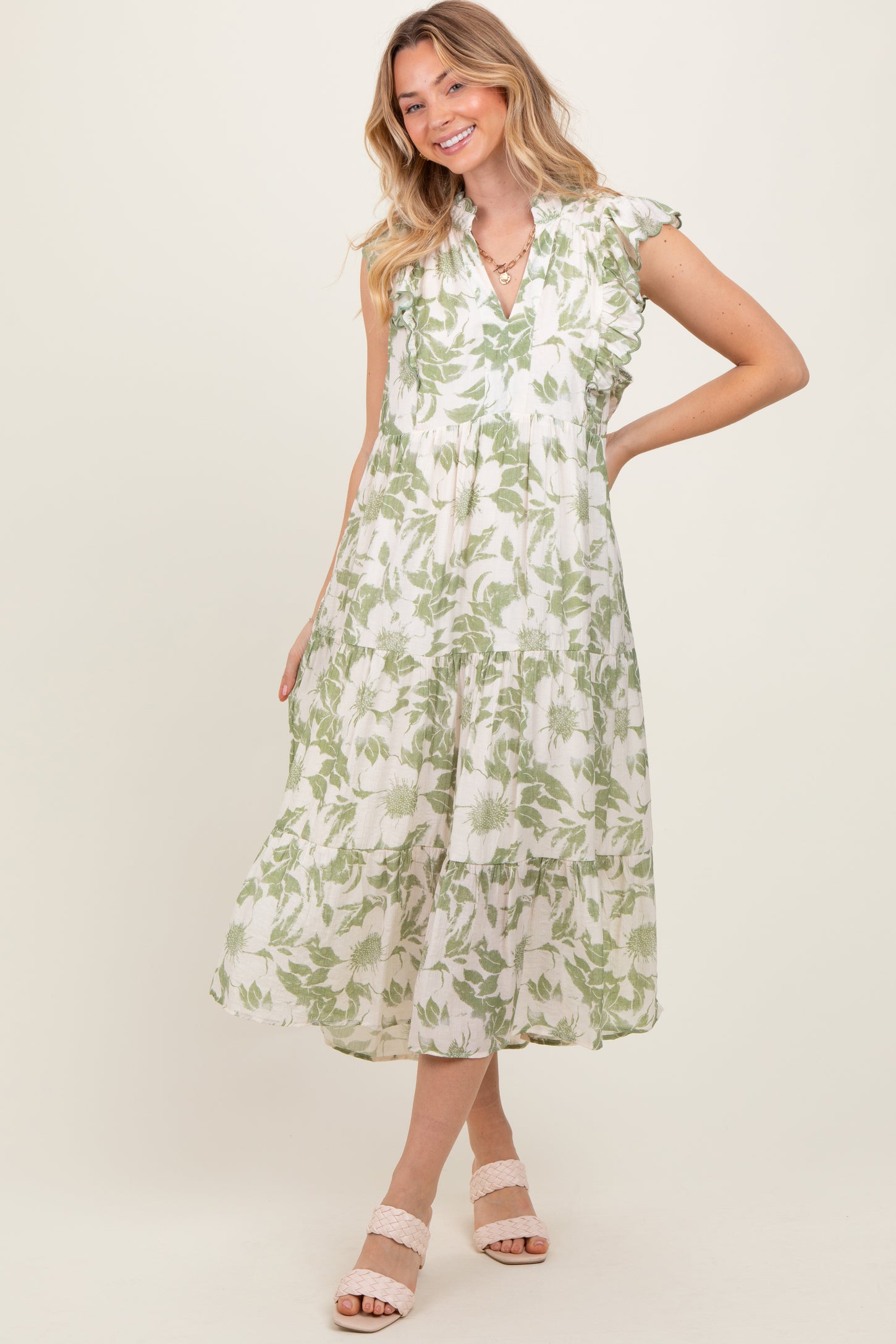 Light Olive Floral Scallop Hem Tiered Maternity Midi Dress