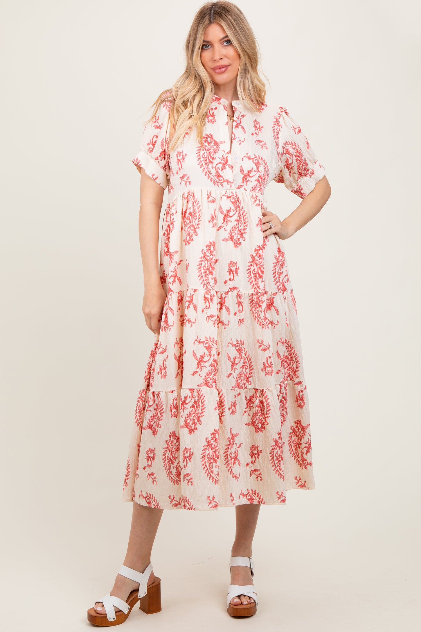 Red Paisley Button Up Tiered Maternity Maxi Dress
