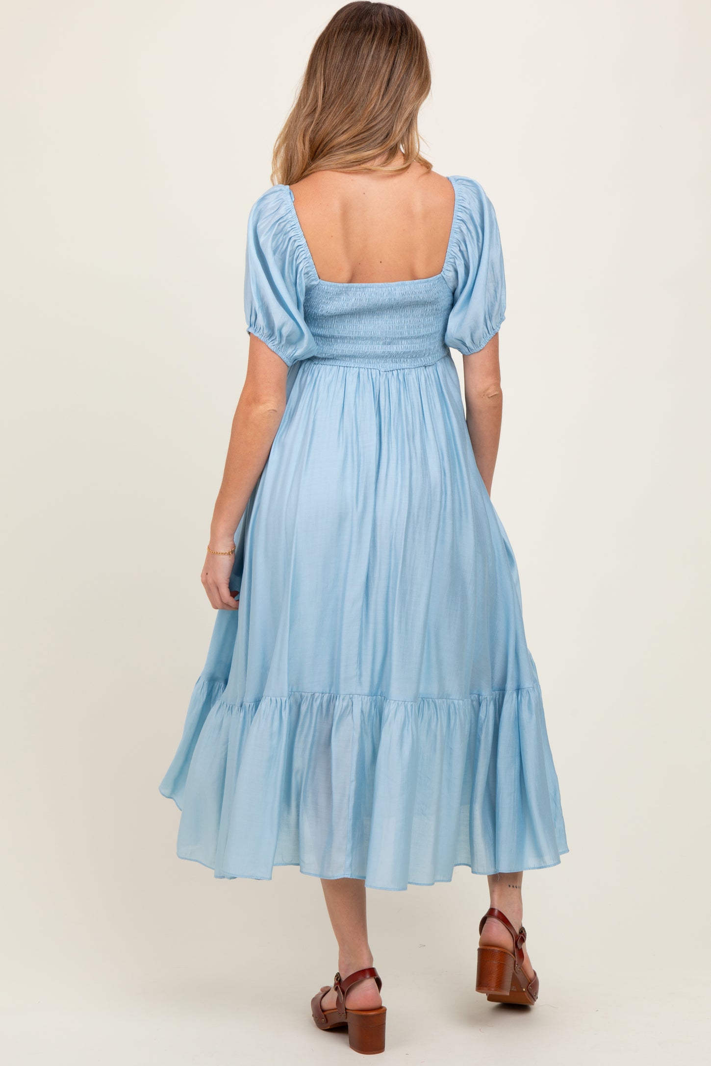 Light Blue Ruched Sweetheart Neck Tiered Maternity Midi Dress
