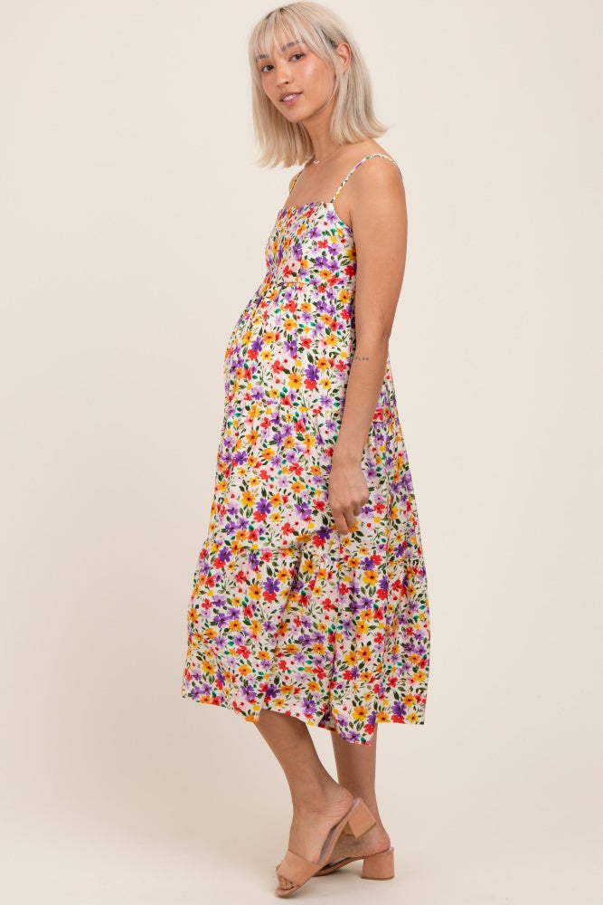 Ivory Floral Cami Strap Maternity Midi Dress