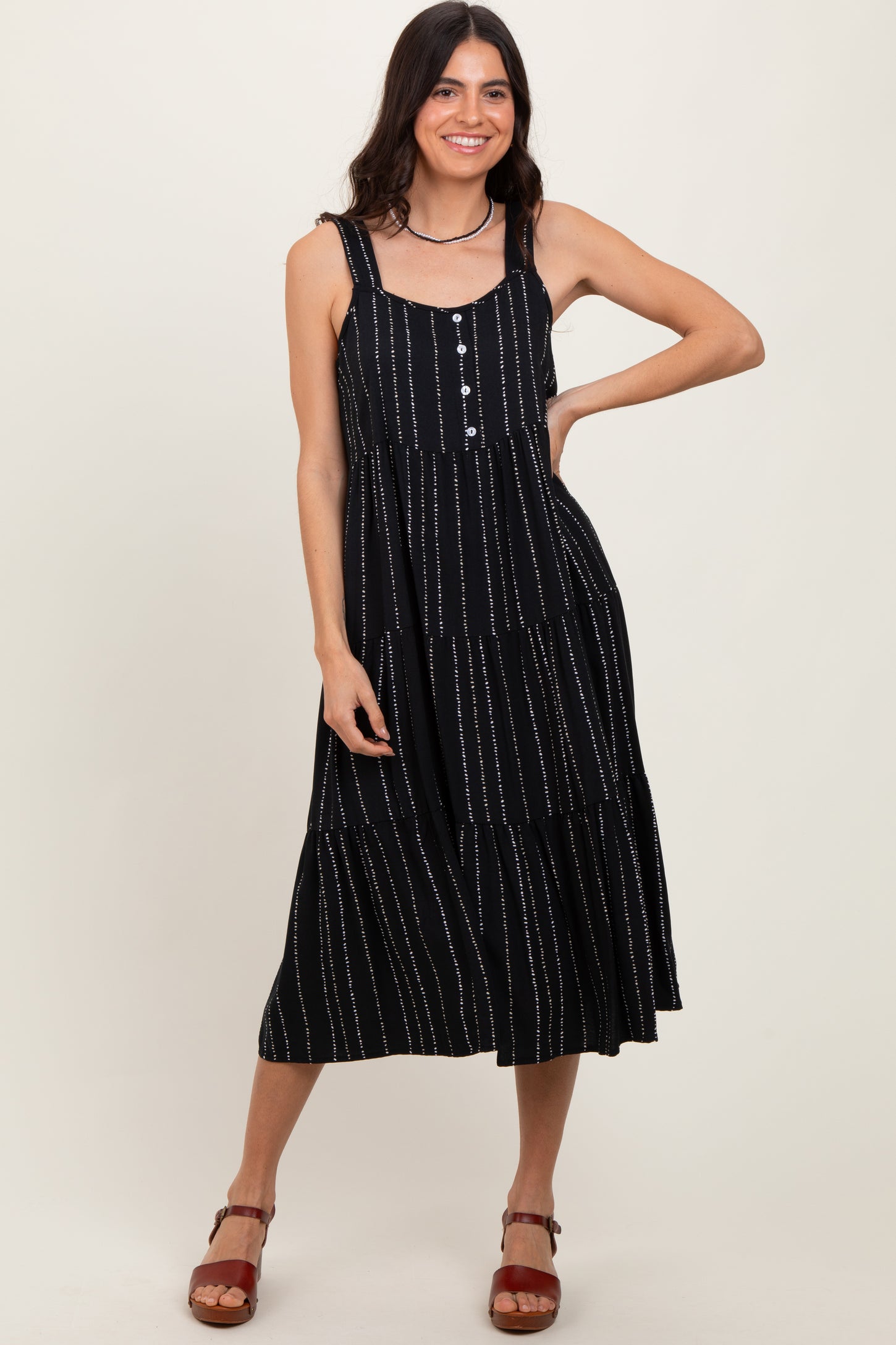 Black Dot Stripe Tiered Maternity Midi Dress