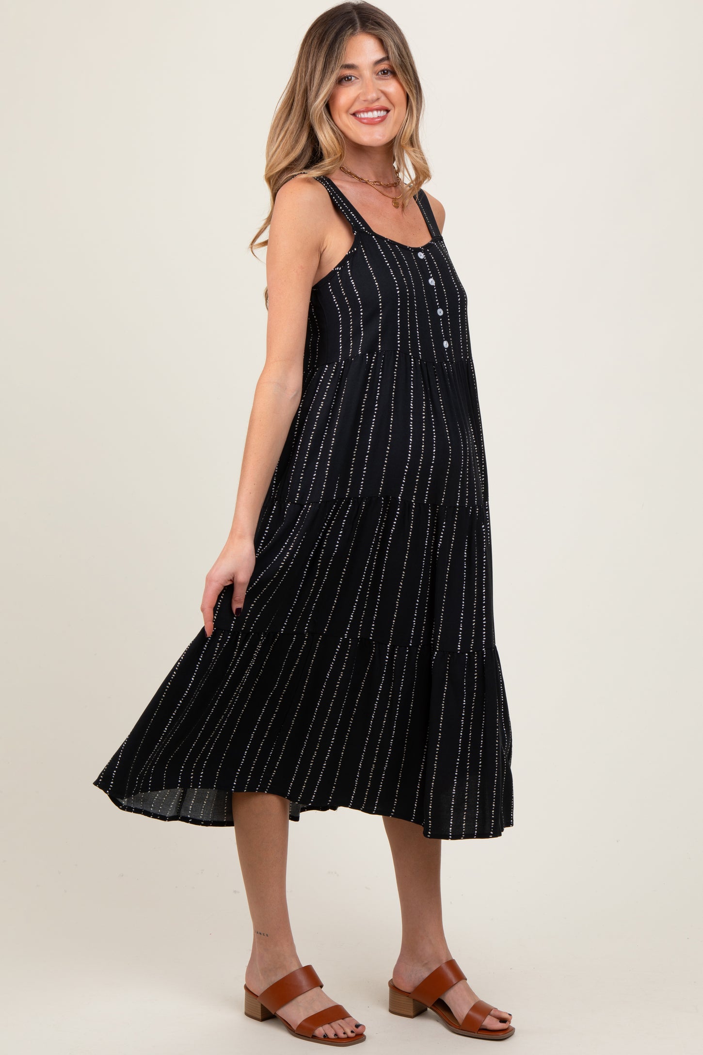 Black Dot Stripe Tiered Maternity Midi Dress