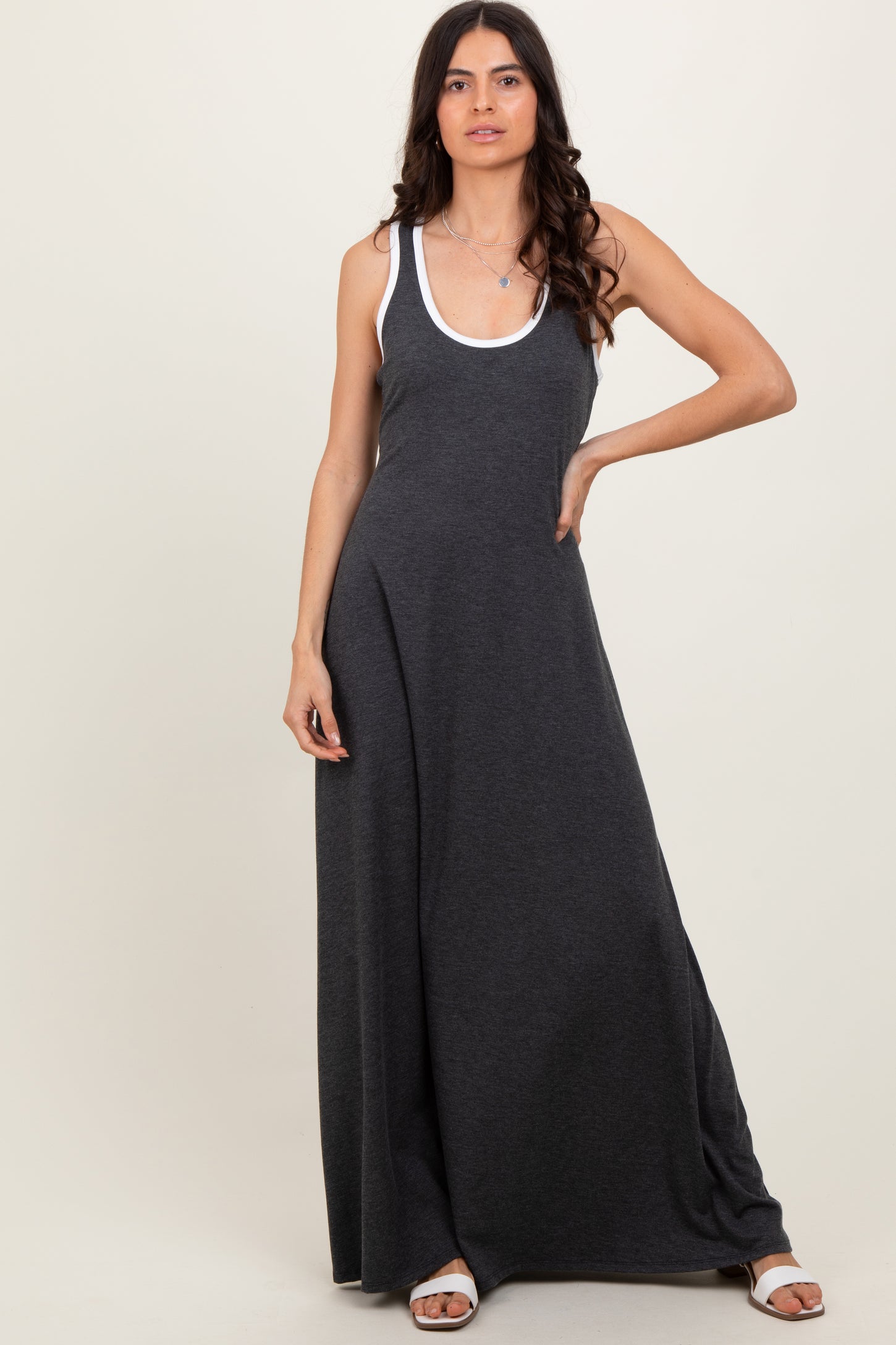Charcoal Solid Open Back Sleeveless Maternity Maxi Dress