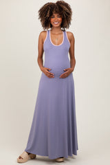 Lavender Solid Open Back Sleeveless Maternity Maxi Dress