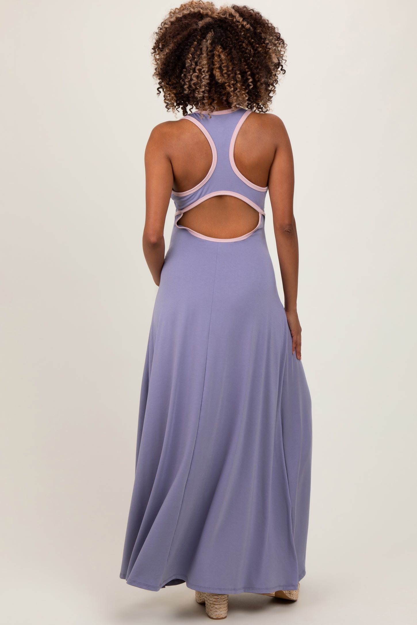 Lavender Solid Open Back Sleeveless Maternity Maxi Dress