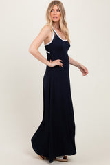 Navy Solid Open Back Sleeveless Maxi Dress
