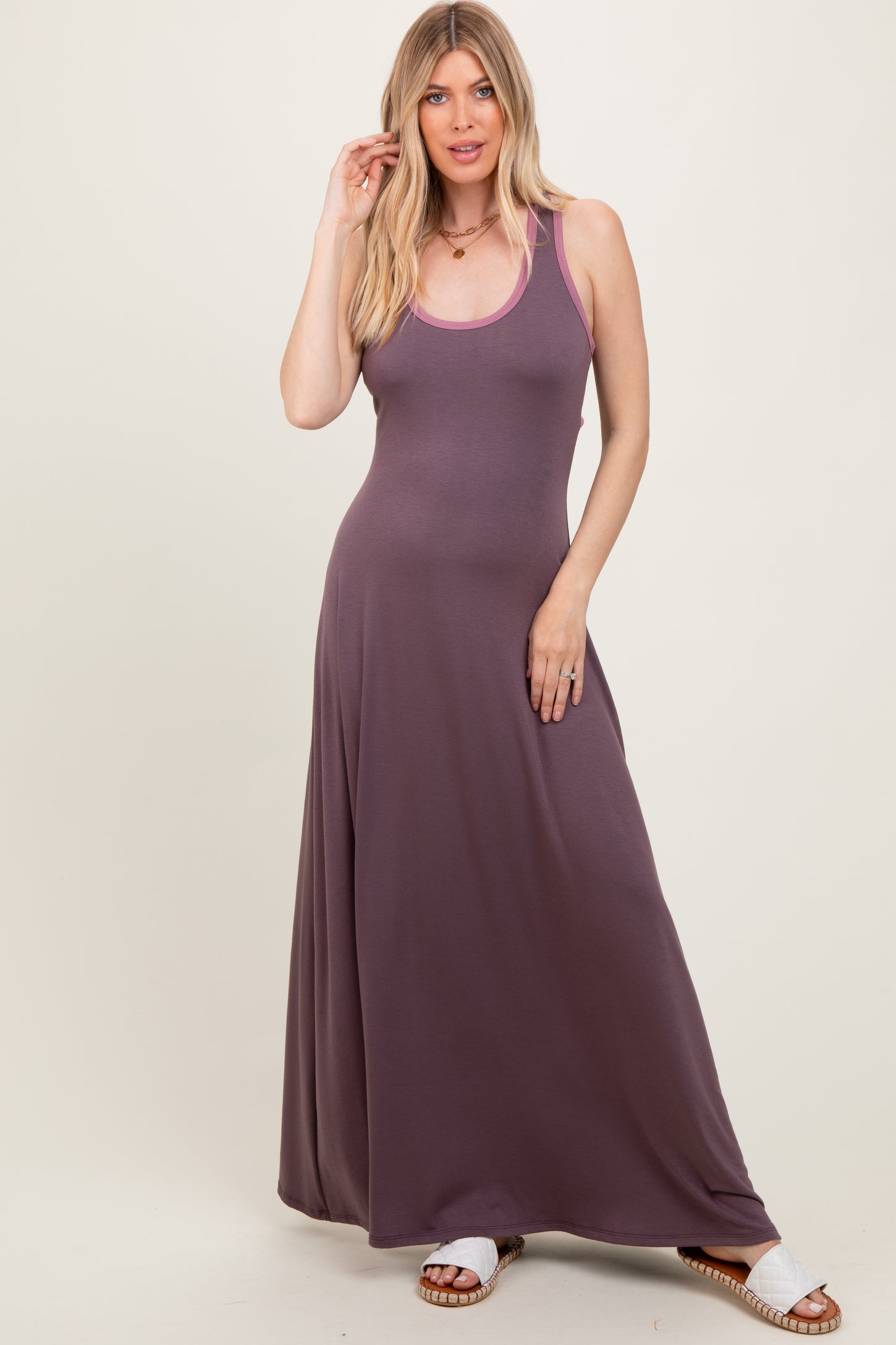Purple Solid Open Back Sleeveless Maxi Dress