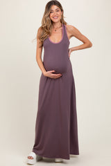 Purple Solid Open Back Sleeveless Maternity Maxi Dress