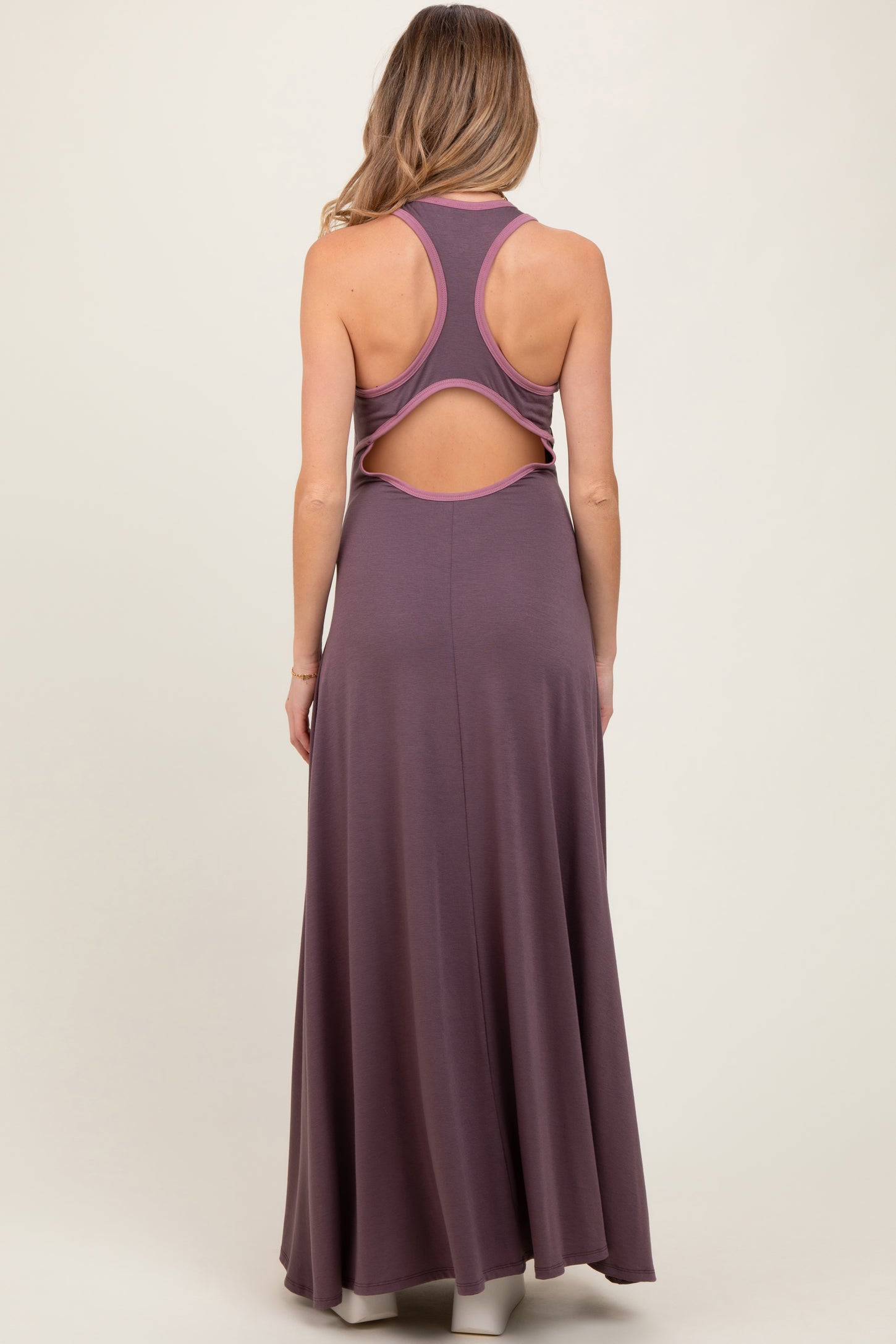 Purple Solid Open Back Sleeveless Maternity Maxi Dress