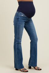 Navy Blue Distressed Raw Hem Maternity Bootcut Jeans