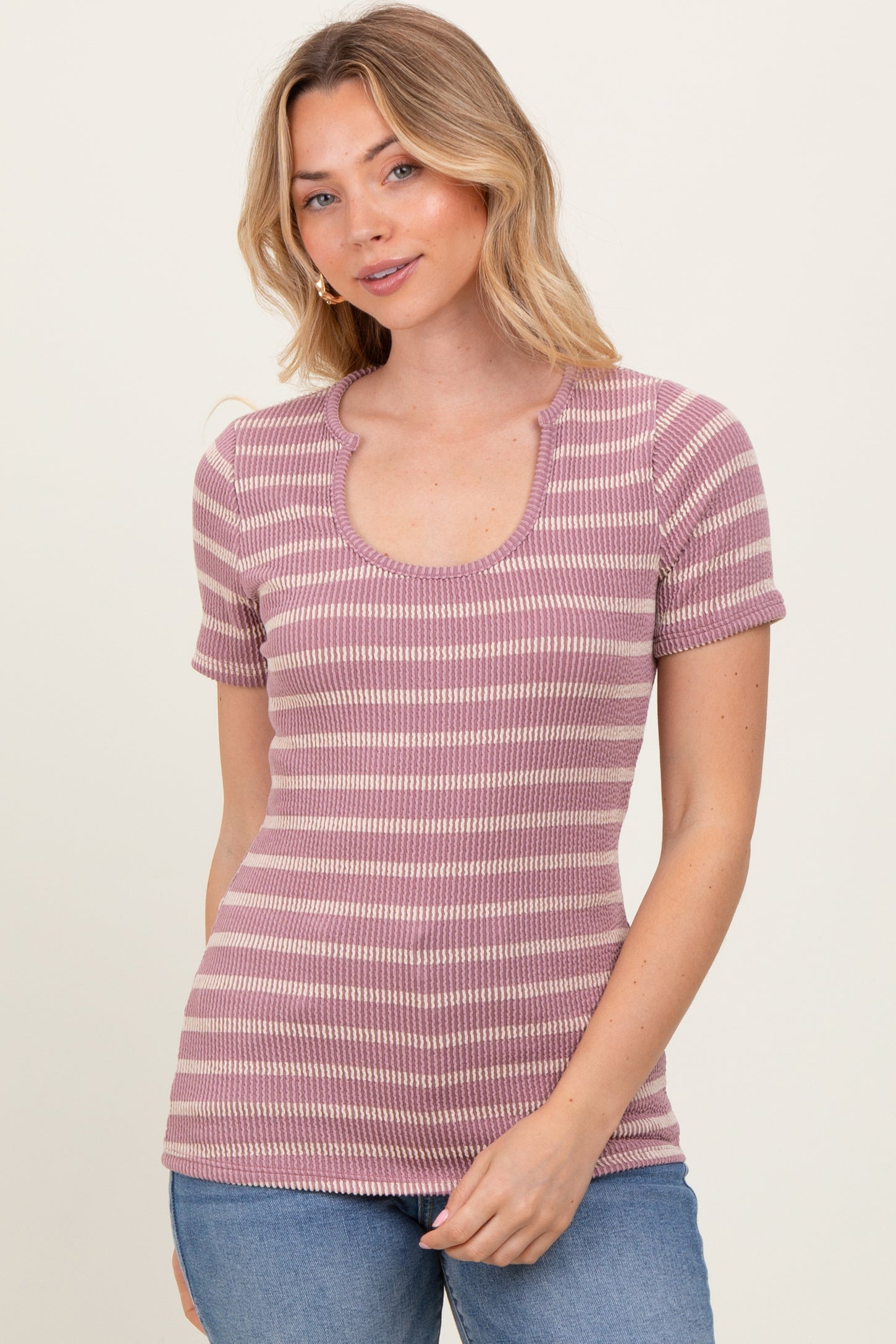 Lavender Cream Stripe Short Sleeve Round Neck Maternity Top