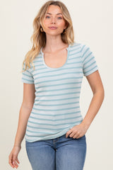 Light Blue Stripe Short Sleeve Round Neck Top
