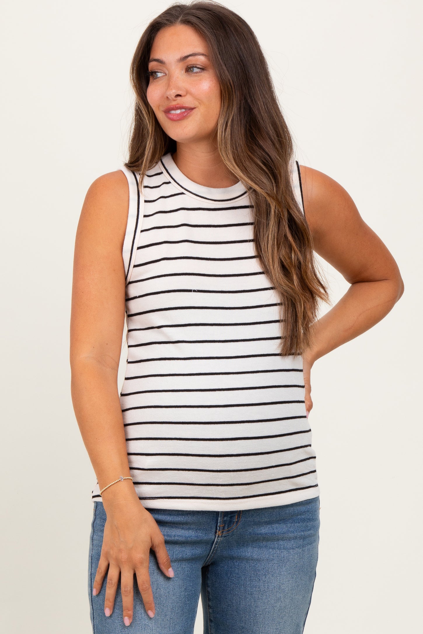 Cream/Black Stripe Knitted Maternity Tank Top