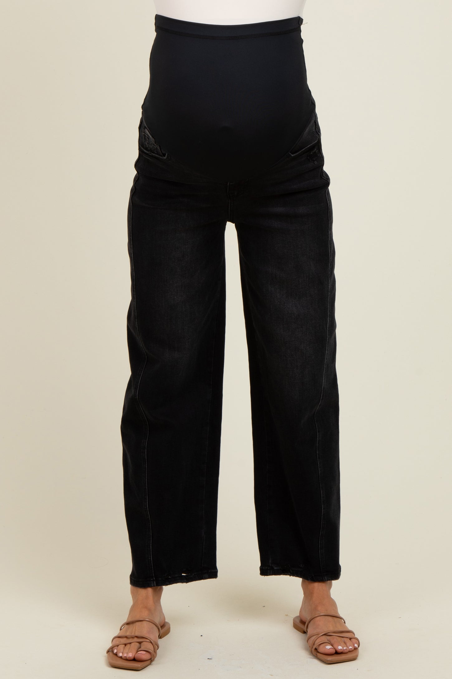 Black Lightly Distressed Panel Detail Maternity Barrel Jeans