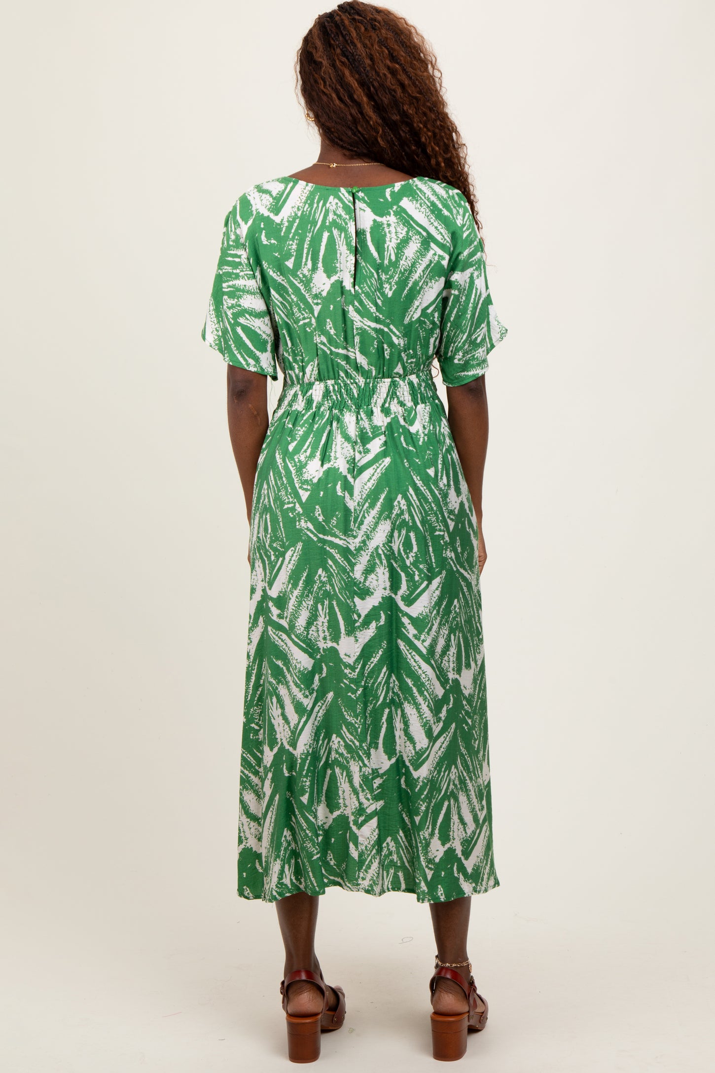Green Brushstroke Print Cutout Midi Dress