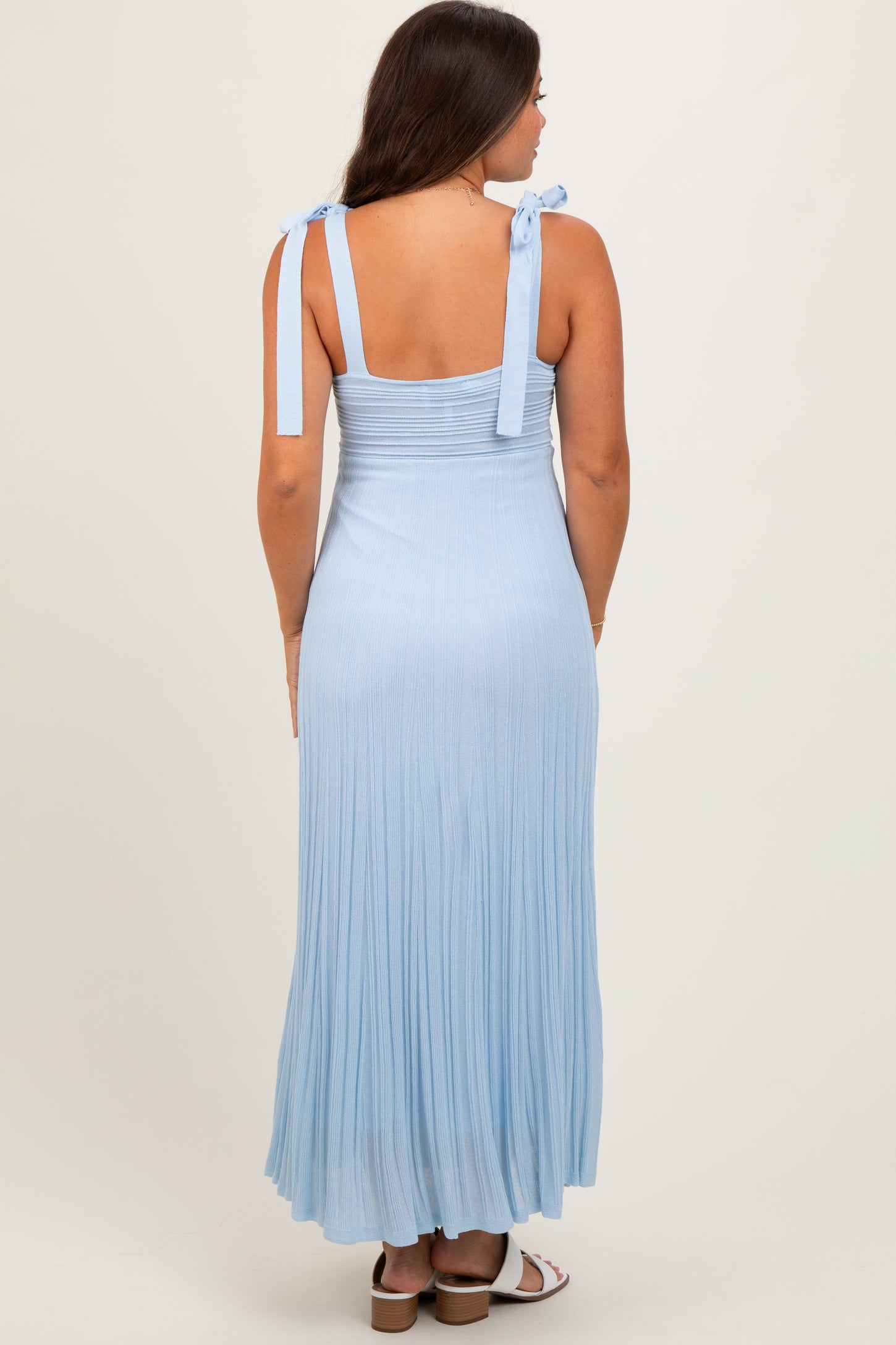 Light Blue Textured Knit Shoulder Tie Maternity Midi Dress