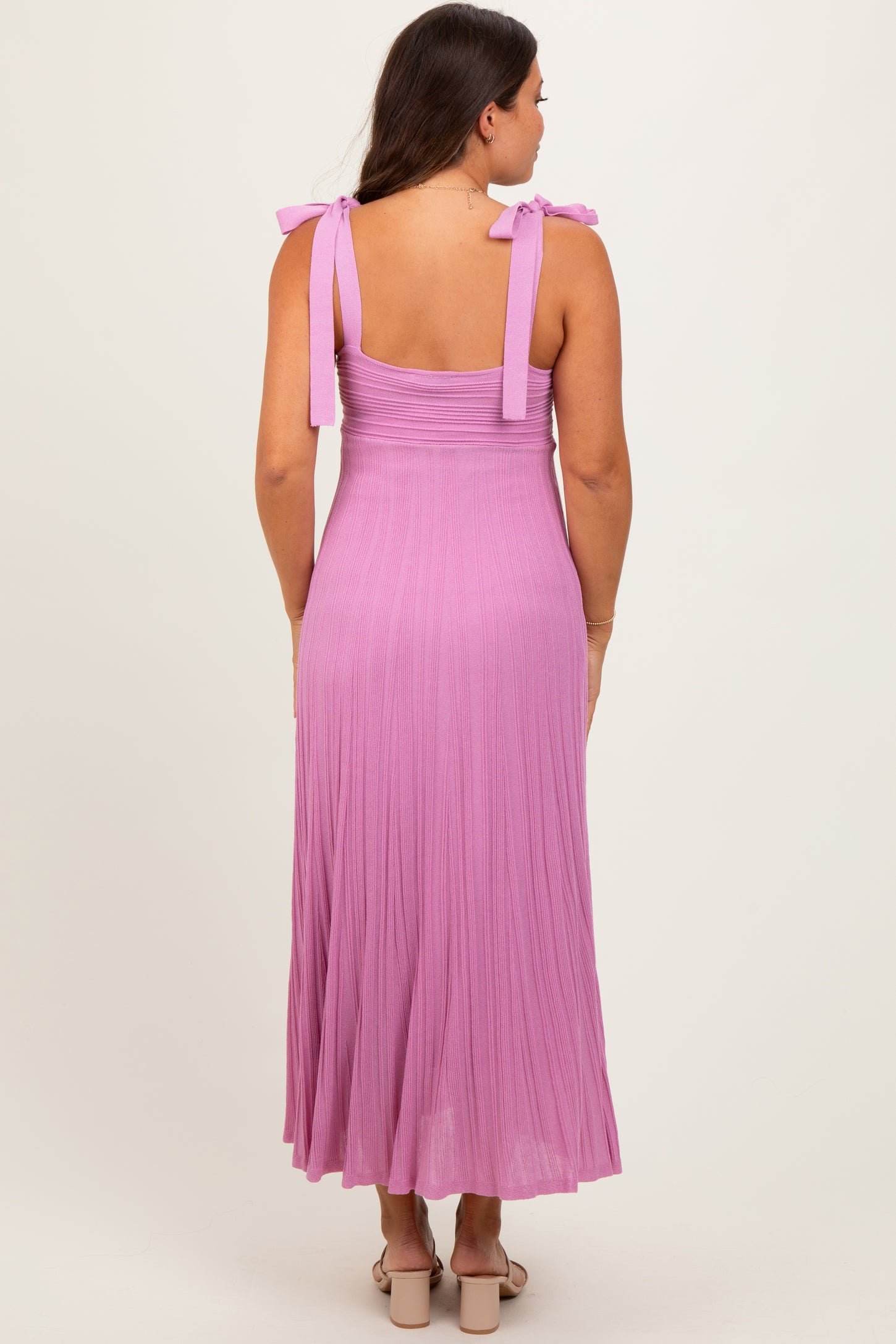 Mauve Textured Knit Shoulder Tie Maternity Midi Dress